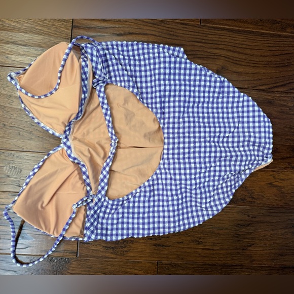 J. Crew NWT Plunge One Piece Gingham Swimsuit Size 22 Purple & White Seersucker - Picture 9 of 14